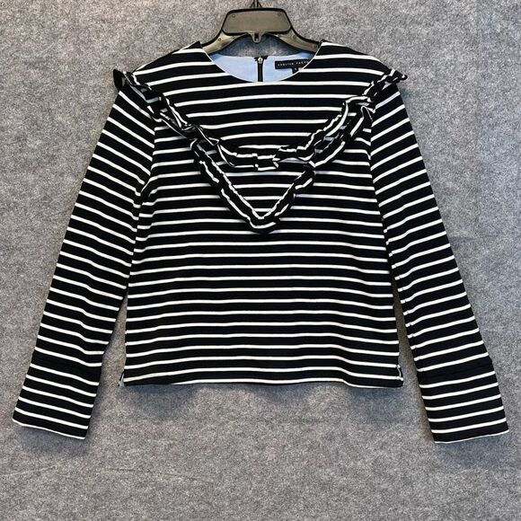 ENGLISH FACTORY Top Women's Small Black White Striped Ruffled Trim Long Sleeve - Picture 2 of 13